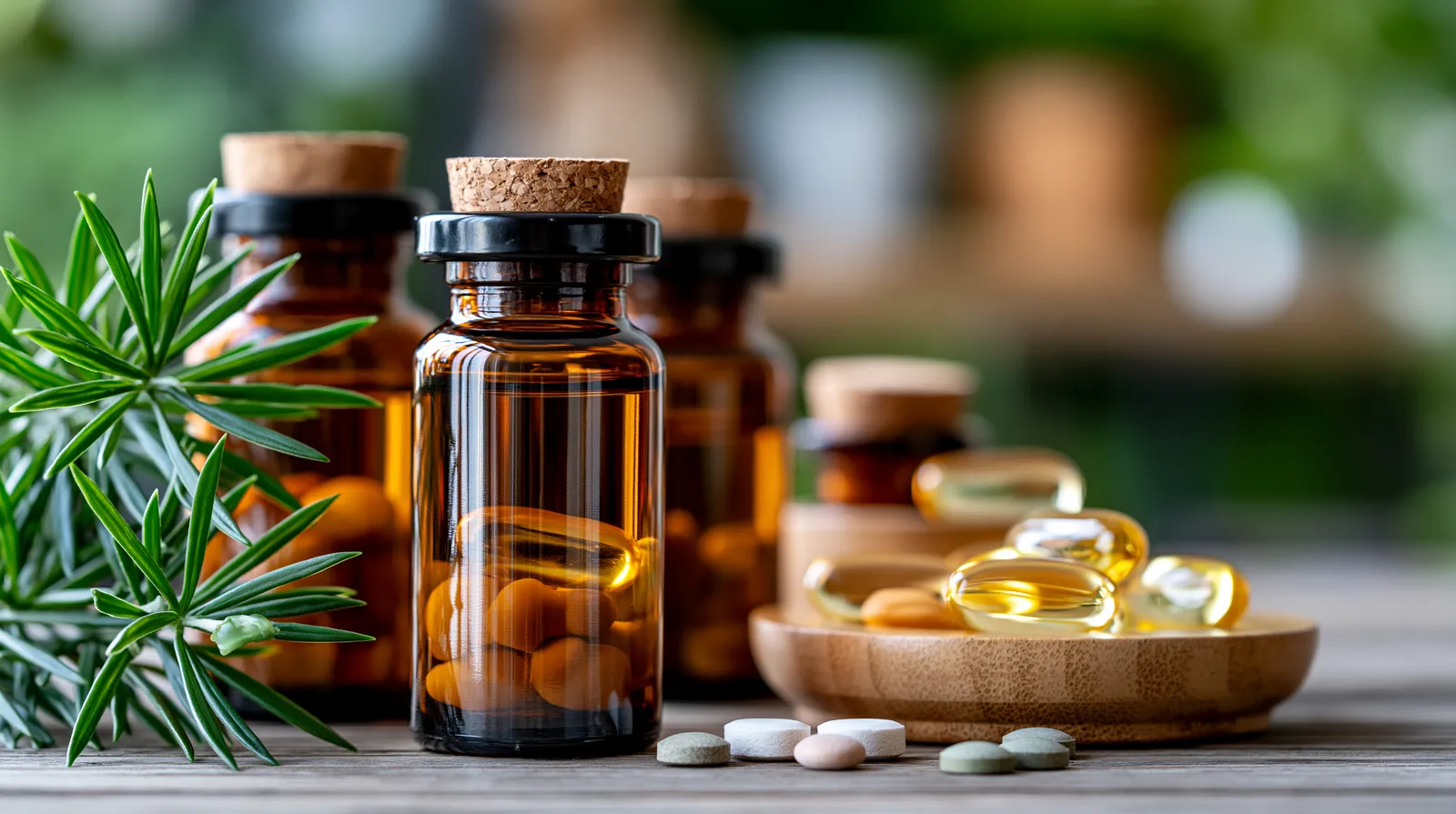 tchitcha. Close up of brown glass supplement bottles with cap 2e1aeab1 813e 42a6 b642 13b542de6596 0 pour amelanche fruit