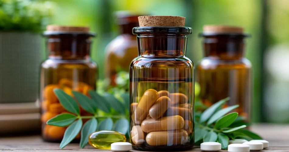 tchitcha. Close up of brown glass supplement bottles with cap 2e1aeab1 813e 42a6 b642 13b542de6596 3 pour petit dejeuner