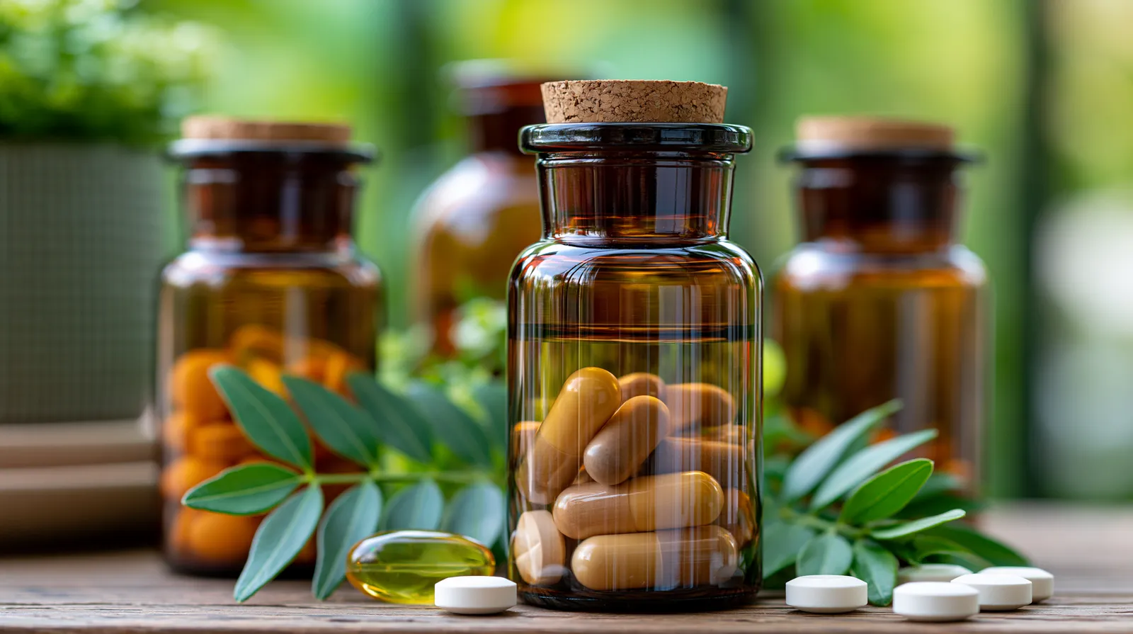 tchitcha. Close up of brown glass supplement bottles with cap 2e1aeab1 813e 42a6 b642 13b542de6596 3 pour petit dejeuner